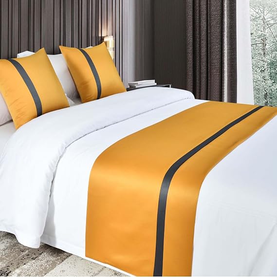 Hotel Bed Runner Protection Satin Solid Color King Size Bed Scarf Scarves Home Bedspread Matching Cushion Cover Bedding End Towel,Gold-2*Pillowcase