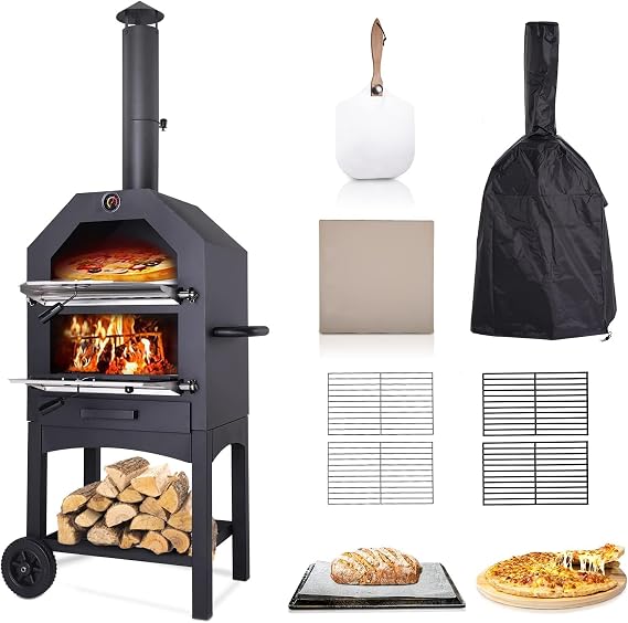 Pizza Kiln Pizza Pot Pizza Oven Wood Bonfire Outdoor Pizza Oven with Waterproof Cover, Pizza Stone and Peel, Wood Burning Pizza Oven with 2 Wheels for Outdoor Use