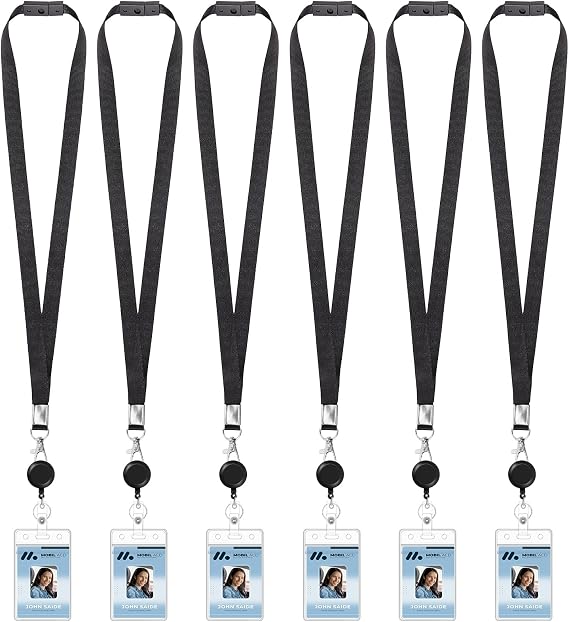 6 Pack Breakaway Lanyards for Id Badges with Retractable Holder, Black