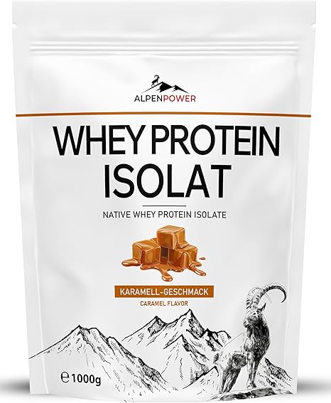 AlpenPower Native Whey Isolate - High Purity Whey Protein from Alpine Milk 84% Protein Low Lactose No Additives Muscle Building & Regeneration (1 kg Caramel)