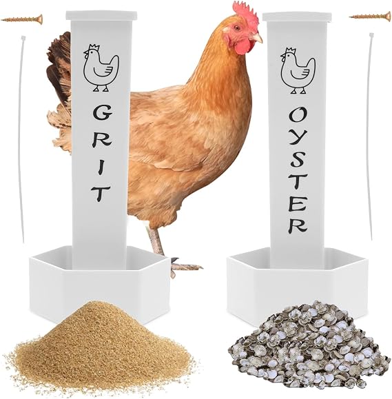 NIHUIFDPY 2Pcs Chicken Oyster Shell Feeder and Grit Feeder, ABS Automatic Chicken Feeders with Lid, Gravity-Fed Chicks Food Dispenser Hanging Poultry Feeders with Double Bucket for Chickens House