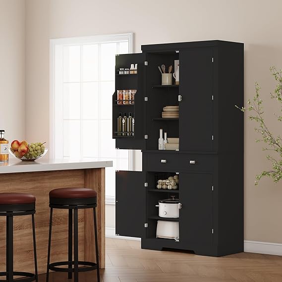 Kitchen Pantry Cabinet, 72 Pantry Storage Cabinet with 1 Drawer and 4 Doors, Adjustable Shelves, Tall Storage Pantry for Kitchen, Dining Room, Living Room, Black