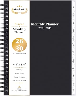 2026-2030 Monthly PlannerCalendar - 5 Year Planner 2026-2030 with Tabs, Jan 2026 - Dec 2030, 6.4 x 8.5, 60 Monthly Calendar, Two-Side Pocket, 9 Notes Pages, Suitable for Long-Term Planning