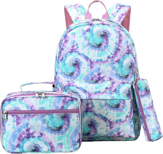 ZHIERNA School Backpack 3PCs Set With Lunch Bag, Tie Dye Bookbags with Pen Case For Teen Girls Kindergarten Elementary(Green)