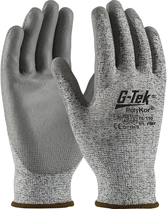 G-Tek 16-150/L, Seamless Knit PolyKor Blended Glove with Polyurethane Coated Flat Grip on Palm & Fingers