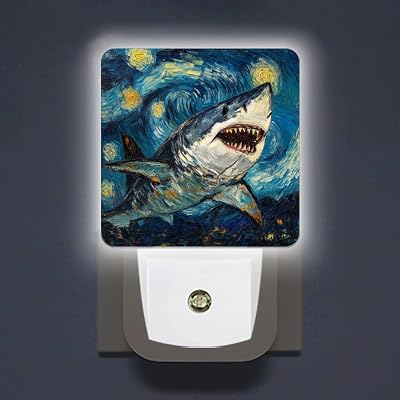 Night Lights Plug into Wall,Starry Night Swimming Great White Shark Soft Light LED Night Light with Auto Light Sensor for Boys Girls Bedroom Decorative Nightlight Led Lamp