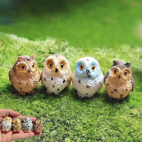 Purple Star Mini Owls 4 Pack Tiny Resin Owl Figurines Small Decor, White