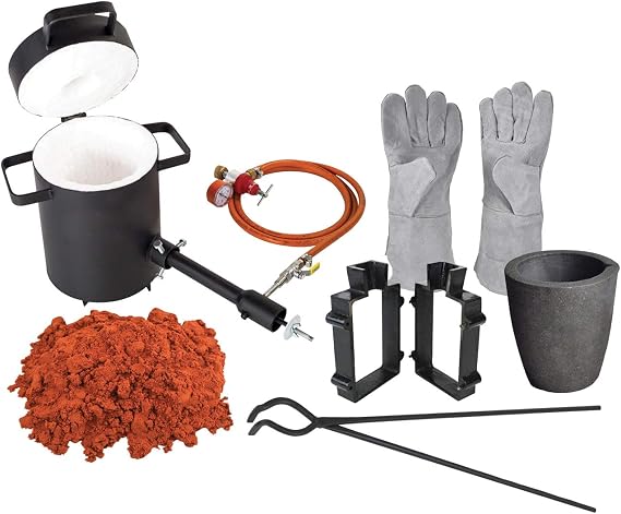 Casting Kit with 10 Lbs Casting Sand 5 Kg Propane Furnace Graphite Crucible Mold Frames Tongs Gloves Pour Melt Metals Melting Gold Silver Copper Aluminum Bronze Brass Alloy