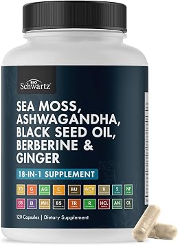 BioSchwartz Sea Moss Black Seed Oil Ashwagandha Ginger Supplement with Turmeric Berberine HCI Burdock Bladderwrack Resveratrol Elderberry Manuka Honey Apple Cider Vinegar ACV - 120 Sea Moss Capsules