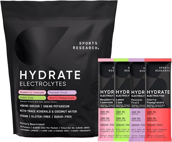 Sports Research Hydrate Electrolytes, 16 Variety Packets | Sugar-Free Passion Fruit (4), Cherry Pom. (4), Lemon Lime (4), Raspberry Lemonade (4) w/ Vitamins, Minerals, Coconut Water