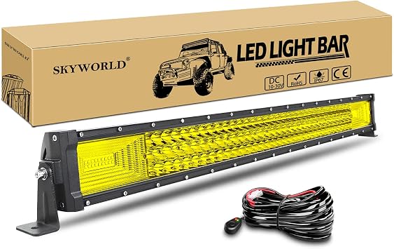 SKYWORLD LED Light Bar, 32 inch 405W Triple Row 7D Yellow Amber Flood Spot Combo Beam Off Road Work Driving Fog Lights with Wiring Kit for Polaris RZR Car ATV UTV SUV Truck Boat Vehicles 4x4 12V 24V