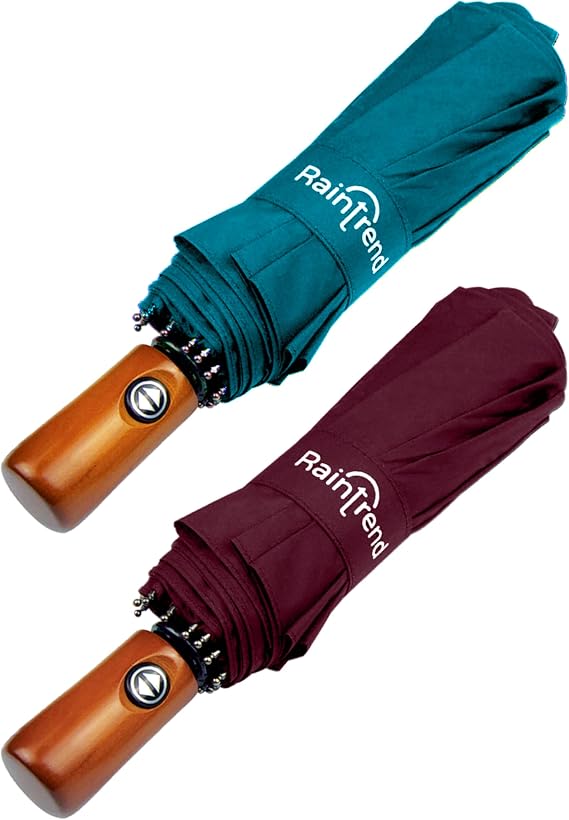 Raintrend 2 Pack Umbrellas for Rain Windproof Travel Teal and Burgundy Umbrella - Large Double Canopy but Compact Folding Portable - Automatic Strong Wind Resistant Construction