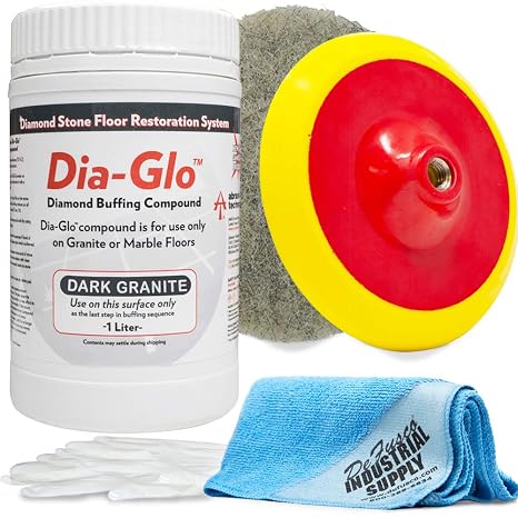 Dia-Glo (Diaglo) Dark Granite 1QT, Stone Granite Floor Polishing Compound - 7 Inch Backer Pad - Norton White Gloss Pad - 16x16 Microfiber Cloth - Gloves - Bundle - 5 Items