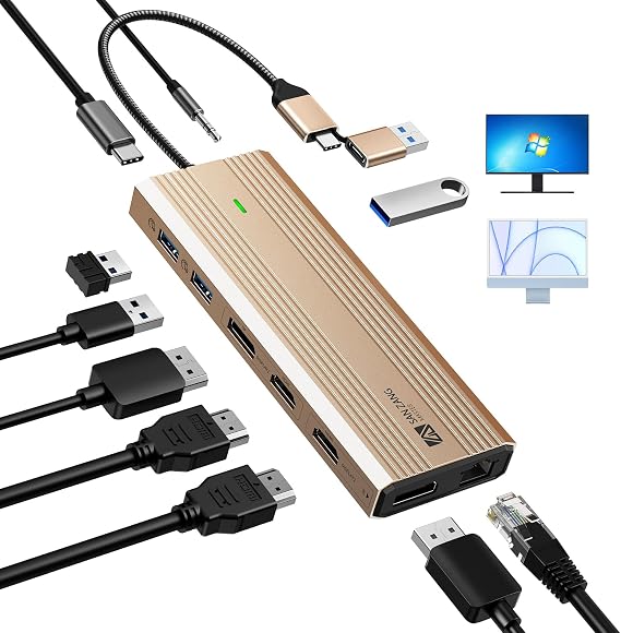 Displaylink Docking Station Dual Monitor,10 in 1 10Gbps USB C Hub Multiple Adapter for MacBook M1/M2/M3/Dell/HP/Lenovo Laptop Docking Station with 2 HDMI 4K,2 PD 4K, Ethernet,USB 3.2,Mic/Audio,100W PD