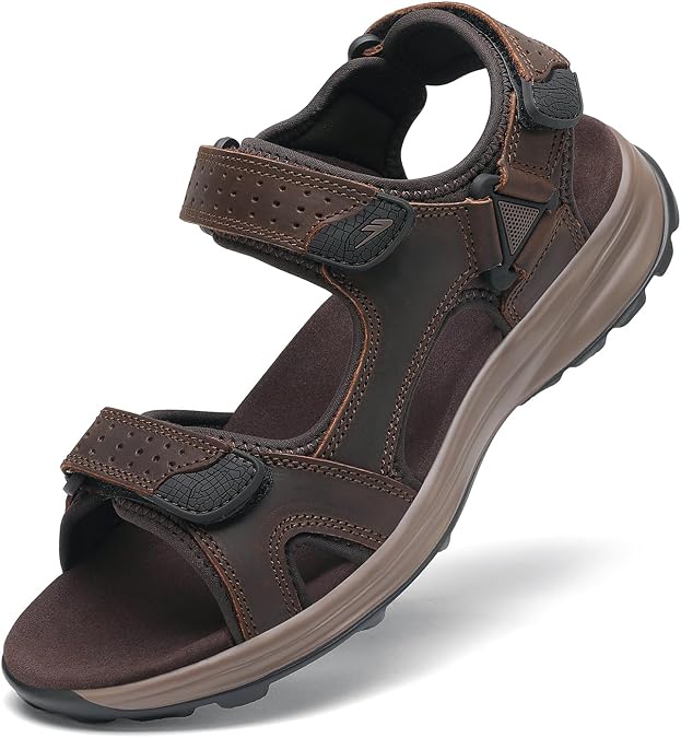 FLARUT Men's Open Toe Leather Hiking Sandals Water Shoes Adjustable