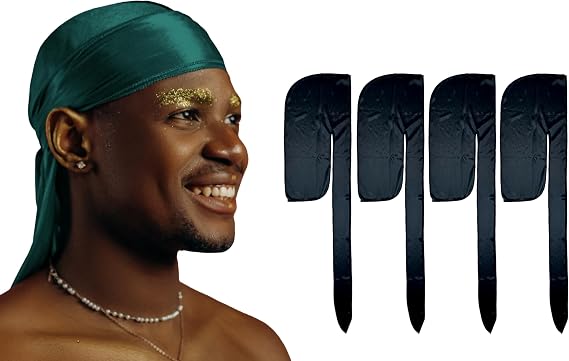 1 Pack Green Silky Satin Durag Bundle 4 Pack Black Silk Durag
