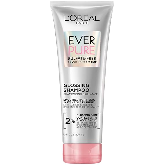 LOreal Paris Sulfate Free Glossing Shampoo with Glycolic Acid, Provides Intense Glass Hair Shine, Smoothness & Soft Feel, Suitable for Dull, Dry, and Color-Treated Hair, EverPure, 6.8 Fl Oz