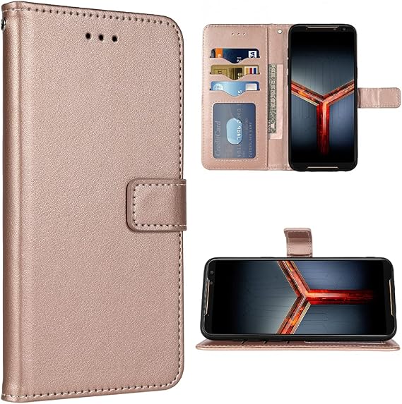 Compatible with ASUS Rog Phone 2 Wallet Case Wrist Strap Lanyard Leather Flip Cover Card Holder Stand Cell Accessories Folio Phone Cases for Asus ROG Phone 2 II ZS660KL Women Men Rose Gold