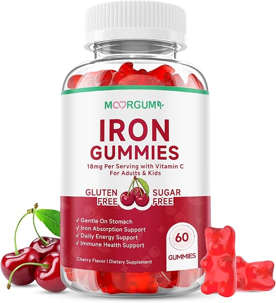 Iron Gummies with Vitamin C, High Absorption 18mg Iron Supplements for Adults & Kids, Blood Builder & Energy Support for Women and Men, Gentle on Stomach, Cherry Flavor, 60 Count