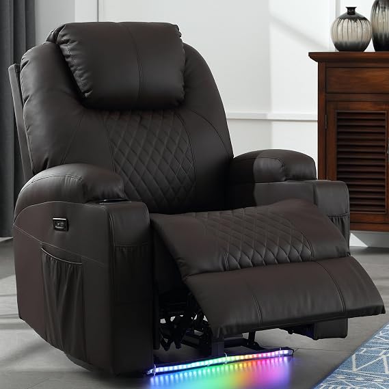 Power Recliner Chair with Massage and Heat, Home Theater Seating | Leather Recliner with LED Lights/Cup Holders/Side Pocket/USB Port, Reclining Sofa Chair for Living Room