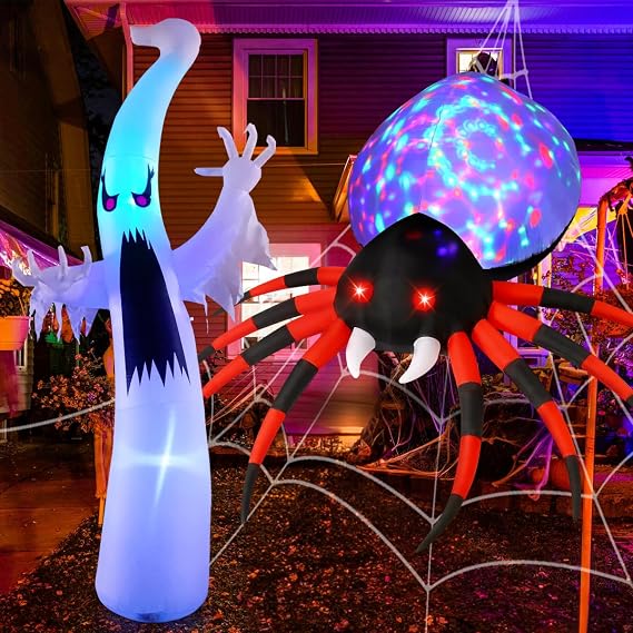 GOOSH 6 FT Halloween Inflatables Ghost and 8 FT Spider Outdoor Decorations Blow Up Yard Scary Red Eye Dimming Ghost with Built-in Colorful LEDs for Garden Lawn Indoor Party Decor