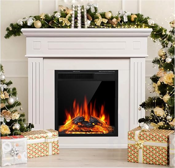 JAMFLY Electric Fireplace Mantel Package Wooden Surround Firebox TV Stand Free Standing Electric Fireplace Heater with Logs, Adjustable Led Flame, Remote Control, 750W-1500W, Lvory White