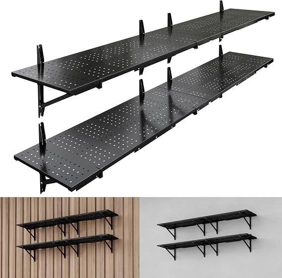 FLEXIMOUNTS 2-Pack 1x6ft Perforated Garage Wall Shelving, 1400lbs, Black | Heavy Duty Metal Garage Shelving Wall Mounted, Garage Organization System for Tools, Bins & Space Saving