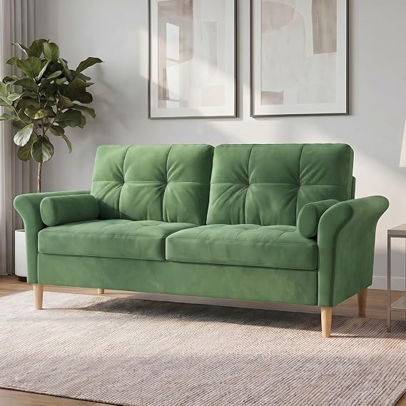 3 Seater Fabric Sofa with Tufted Back, Green