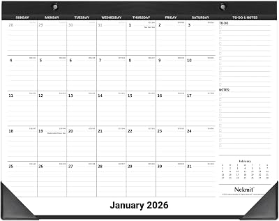 Nekmit Desk Calendar 2026, Yearly Monthly Desk Pad Calendar for Planning, Ruled Blocks, January 2026 - December 2026, 14 x 11, Black