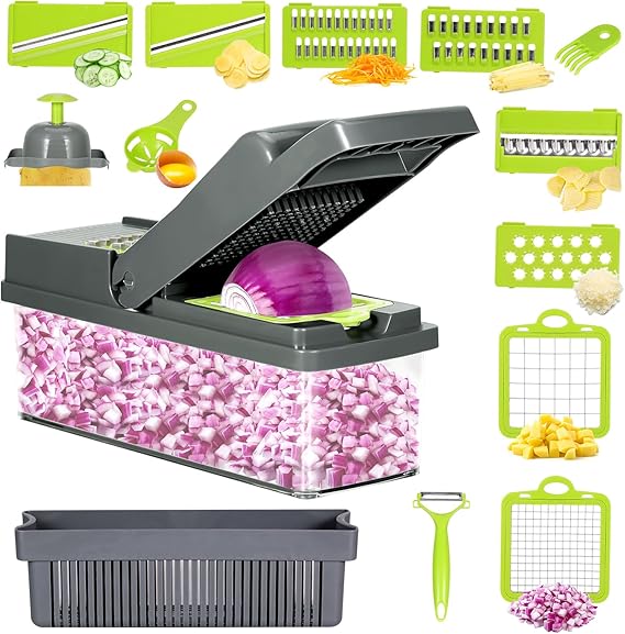 Vegetable Chopper with Container and Lid Multifunctional 14 in 1, Professional Veggie Chopper, Non Slip Durable Kitchen Chopper Vegetable Cutter, Mandoline Food Chopper With 8 Blades