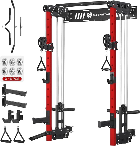 Power Cage, Squat Rack Home Gym, 2000LBs Capacity Wall Mounted Power Rack with Dual Crossover System, Includes 16 attachments for Home Gym