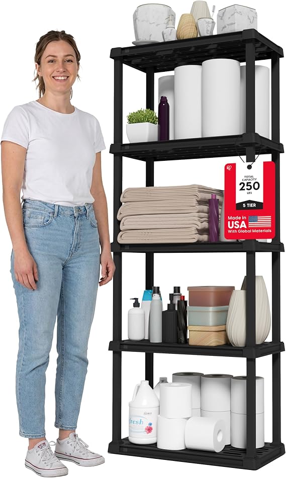 IRIS USA Plastic Storage Shelves |Made in USA| 64"H x 24"W x 12"D - Black