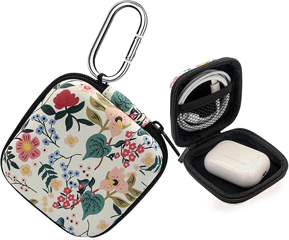 Earbud Case,Headphone Organizer Earbud Storage Bag, Hard EVA Shockproof Cover Carrying Case with Carabiner Clip Compatible with AirPods 4 Pro 2nd /3/2/1 Bose Galaxy Buds (Flower)