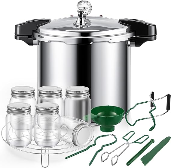 24qt Pressure Canner with 6 Mason Jars, Stainless Steel Gauge