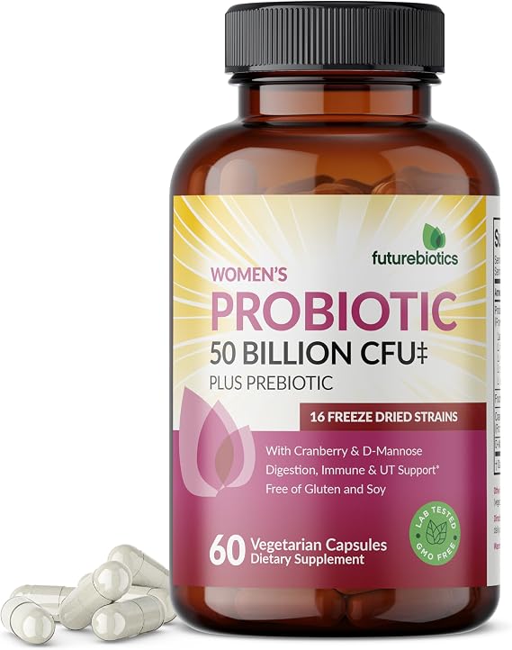 Futurebiotics Women's Probiotic 50 Billion CFU + Prebiotic with Cranberry & D-Mannose Digestion Immune and Urinary Tract Support, Non-GMO, 60 Vegetarian Capsules