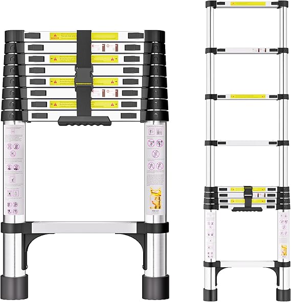 Telescopic Ladder, 2.6M Stainless Steel Thickened High-Strength Loft Ladder, Portable Ladders Extendable with Non-Slip Feet Adjustable Height for Roof