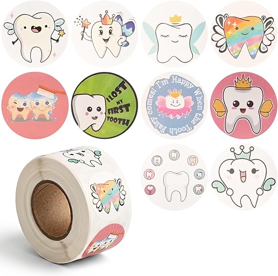 500PCS Dental Stickers 1 inch Tooth Stickers for Kids Children Teeth Fairy Reward Schools Teachers Gift Round Cute Decals (White)