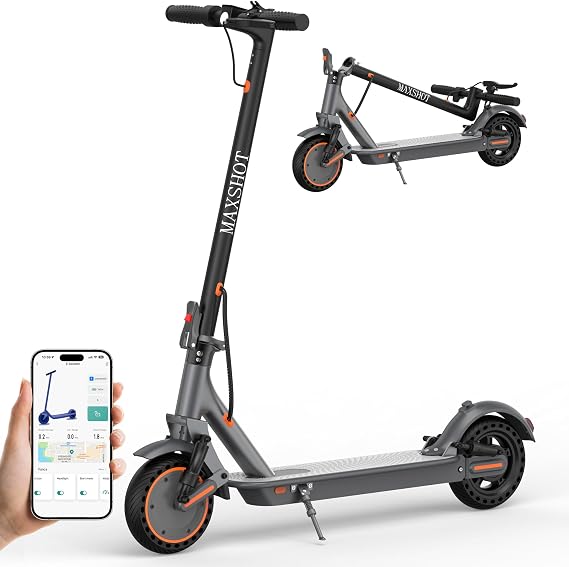 Maxshot Electric Scooter, 8.5" /10" /14" Tire, 16/19/22 Mph Top Speed, 12/16/21/27/28/49/50 Miles Long Range, Folding Escooter for Adults and Kids with Seat Bag, Dual Braking, Dual Suspension, App