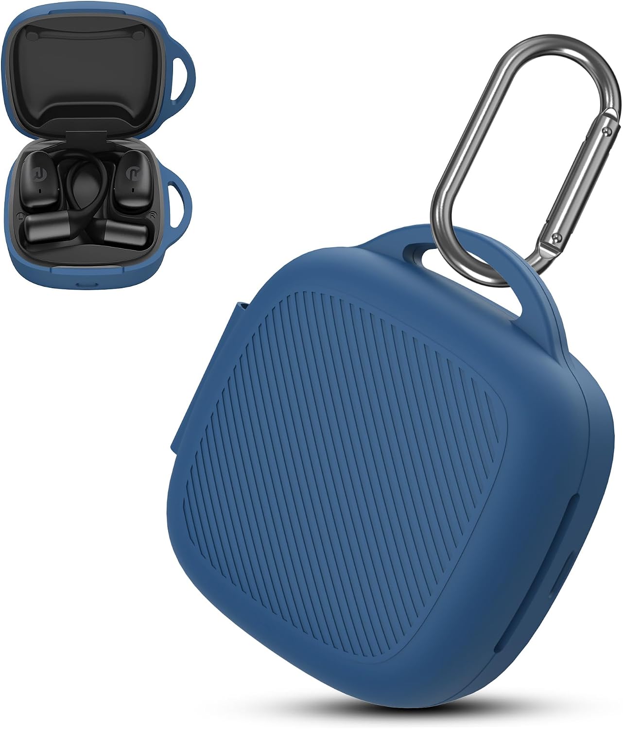 シリコンケース Raycon Essential オープンイヤホン ダークブルー カラビナ付き オールラウンド保護 傷防止 洗濯可能 ソフトスキン ワイヤレス オープンイヤーヘッドホン 超軽量カバー