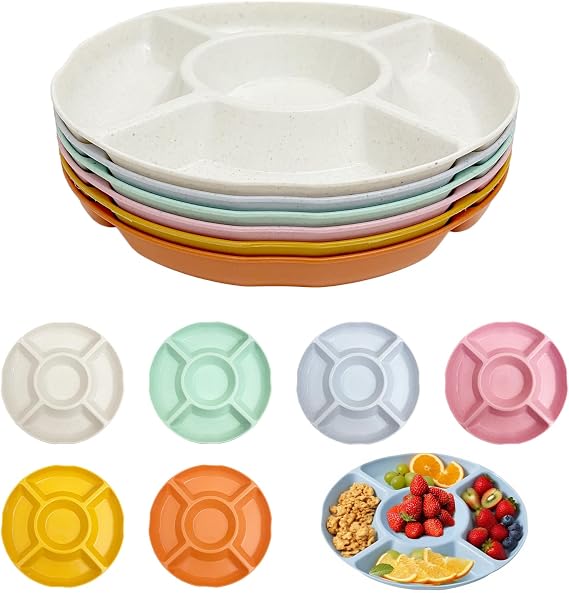 6PcsColorful Snack Tray, Serving Plate with 5 Compartments 22.6CM Reusable Snack for Plate Party Food Desserts Fruits Nuts Candies Round Plastic Compartment Tray (6 Colours)