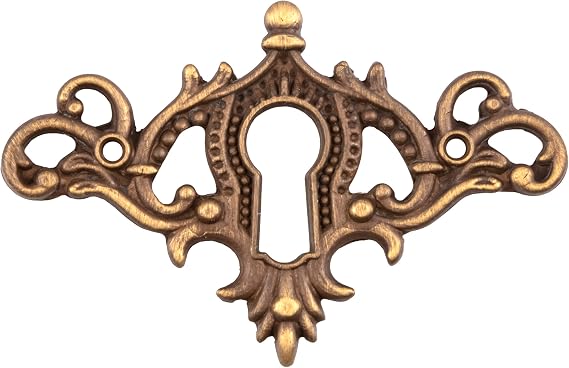 Cast Antique Brass Fancy Keyhole Cover | 2" W x 1 1/4" H | Keyhole Escutcheon Plate for Cabinet Door, Dresser Drawer, Desk | Antique Furniture Hardware | KC13-BA