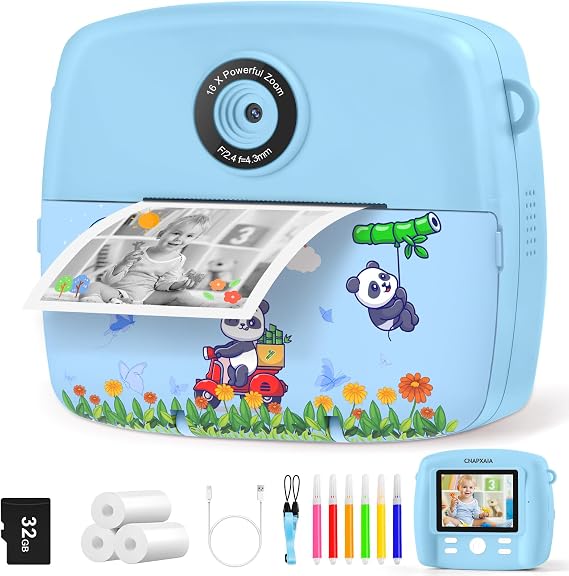 CNAPXAIA Kids Camera Instant Print, 2.4" Thermal Printing Photo Camera for Kids with 32GB Card & Print Paper, Creative Gift Toys for Boys Girls Birthday Presents Age 3-12 Year Old (Blue)
