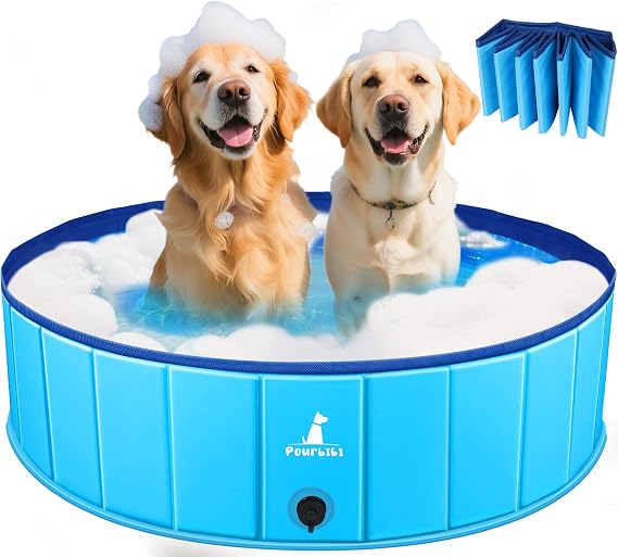 Pourbibi Foldable Dog Pool for Small Dogs - 80x20cm Doggy Paddling Pool, Thickened PVC Bath Pool with Anti-Slip Base Drain, Outdoor Water Toy for Puppies, Kids in Garden Backyard