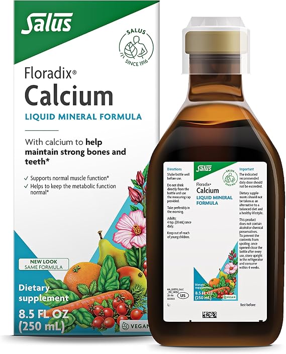 Floradix Calcium Liquid Supplement - Supports Strong Bones & Teeth - Calcium Gluconate & Lactate - Gentle to Digest & Easily Absorbed - Vegan, Non-GMO - 8.5 fl oz