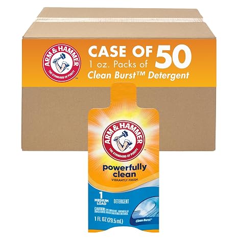 Arm & Hammer Liquid Laundry Detergent Clean Burst Scent. Case of 50, single use travel pack.