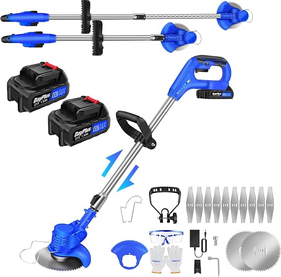 Cordless Strimmer, Electric Weed Wacker, Grass Strimmer, Metal Blade Strimmer with 21V 2X 1.5Ah Battery Fast Charger, 10 x Metal Blades & 2X Circular Saw Blade for Garden Clearing Weeds