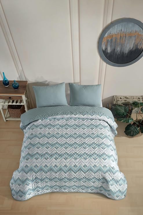 Formeya Tek Kişilik Desenli Kapitone Çift Taraflı Renkli Pike Yatak Örtüsü Takımı 160x230 cm (Çarşafsız) (Yeşil)