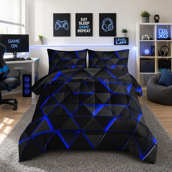 Blue Geometric Triangle Comforter Set Twin Size with 2 Pillowcases.