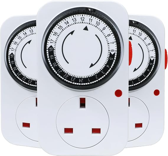 24 Hour Mechanical Timer Plug Socket UK, MDCMLKS Programmable Energy Saving Plug-in Indoor Timer Plug Switch for Indoor Lights, Lamps, Christmas Lights and Home Appliances,CE Listed(13A/3120W, 3 Pack)