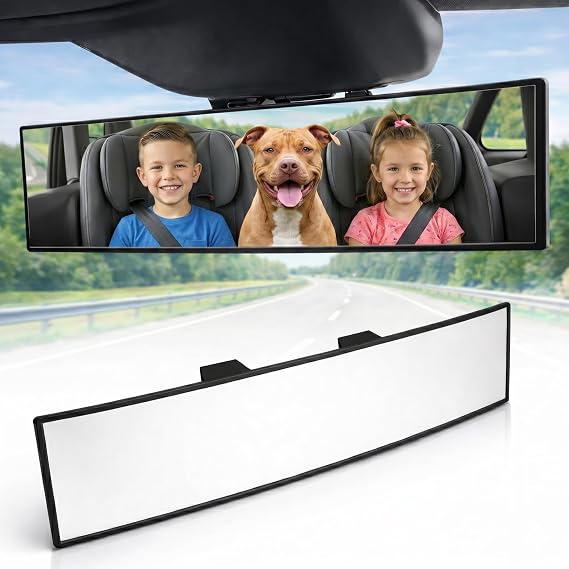 11.8" ICBEAMER Clip On Rear View Mirror | Flat Clear Tint Glass, Panoramic Wide Angle HD Glass, Anti Glare, Universal Fit for Car, SUV, Truck | Eliminates Blind Spots (1 Pack)